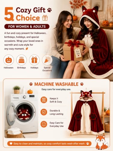 Halloween Wearable Blanket Hoodie - Plush Fox Cosplay, One Size