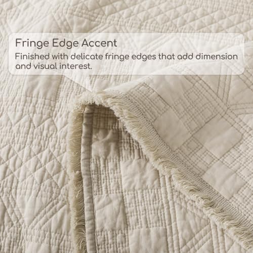 WDCOZY 100% Cotton Queen Size Quilt Set with Boho Fringe Geometric Stitch Beige - Queen (90x96)