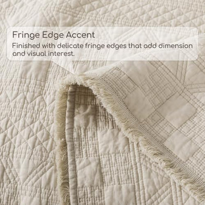 WDCOZY 100% Cotton Queen Size Quilt Set with Boho Fringe Geometric Stitch Beige - Queen (90x96)
