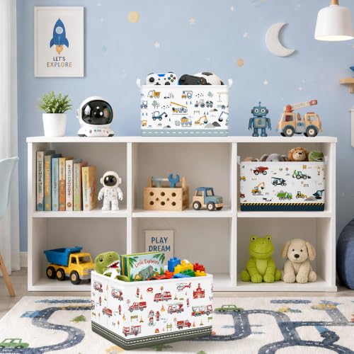 Kids Storage Basket Set of 3 with Fire Engine Design - Foldable Toy Organizer
