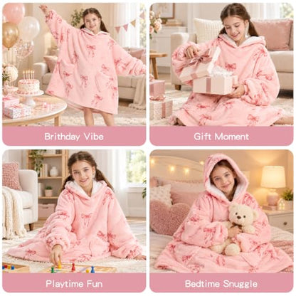Pink Bow Wearable Blanket Hoodie for Kids 6-13 Years Oversized Christmas Gift