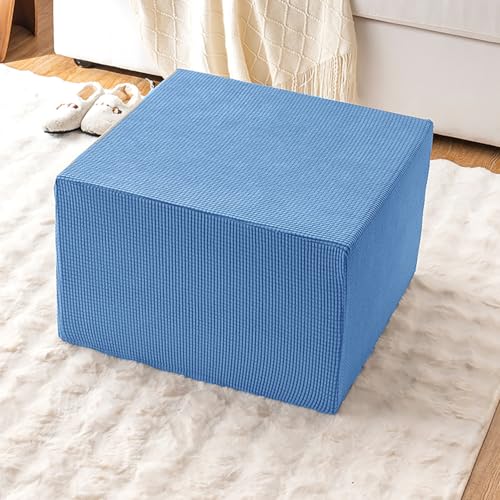 Stretch Ottoman Cover Square 33x33cm Light Blue Jacquard Slipcover for Foot Stool