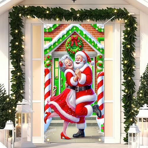 Christmas Door Cover Santa Couple Entrance Scene 35x71 Inch Polyester