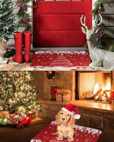 Christmas Kitchen Rugs Set - Red Sparkle Ornaments & White Tree Doormat, Washable Absorbent Floor Mats, 16x24 & 16x47 Inches