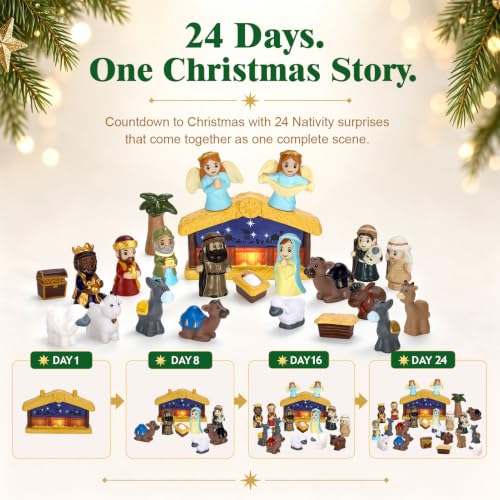 Kids Nativity Advent Calendar with Light Stable - Blue, 24 Days Christmas Countdown
