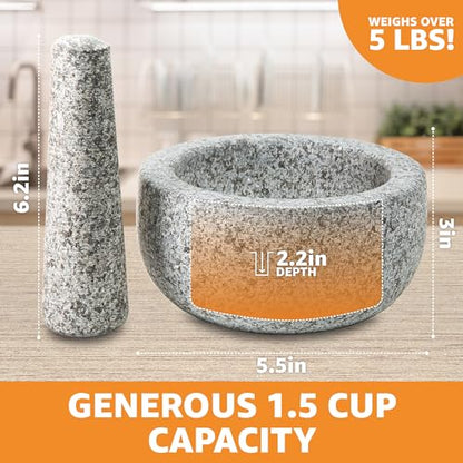 Heavy Duty Small Mortar and Pestle Set, Hand Carved from Natural Granite, Make Fresh Guacamole, Salsa, Pesto, Stone Grinder Bowl, Herb Crusher, Spice Grinder, 5.5" wide, 1.5 Cup, Grey