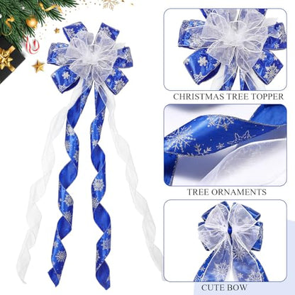 Christmas Tree Decorations Set - Blue & Glitter Holiday Ornaments with Bow Toppers