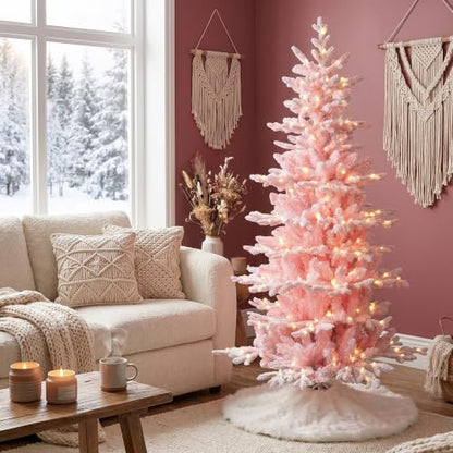 Pink Frostfall Fir 6ft Artificial Christmas Tree - Slim Prelit Xmas Tree with 260 LED Lights