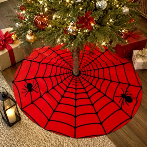 36-Inch Halloween Spider Web Tree Skirt with Red & Black Web Design - Gothic Holiday Decoration