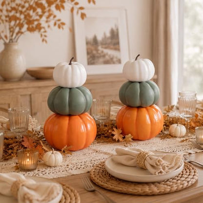 Marsui Fall Decor 2-Set Stacked Pumpkins with White, Green, Orange - 11.8"
