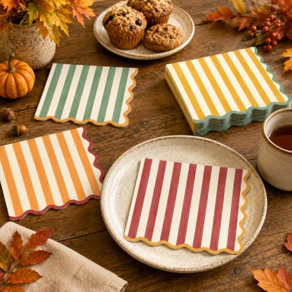 Fall Cocktail Napkins Set 100pcs Vintage Striped Scalloped Edges