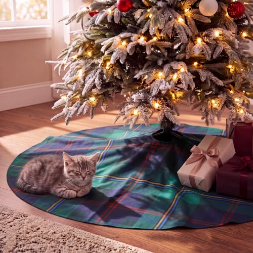 48 Inch Plaid Christmas Tree Skirt - Green Xmas Tree Mat for Holiday Decor
