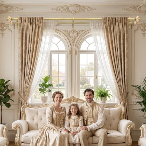Gold Double Curtain Rod 36-91 Inch with Crystal Finials - Ornate European Style