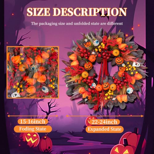 24-Inch Halloween Front Door Wreath with Jack-O'-Lantern and Autumn Foliage