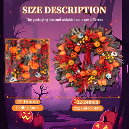 24-Inch Halloween Front Door Wreath with Jack-O'-Lantern and Autumn Foliage