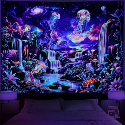 UV Reactive Galaxy Space Tapestry - Blacklight Neon Waterfall Wall Hanging with Variation Galaxy Space 59.1L x 51.2W inches