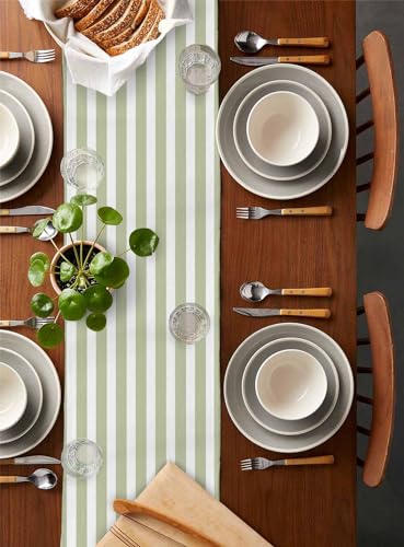 Sage Green Striped Cotton Linen Table Runner 13x72 Inch - Modern Farmhouse Decor