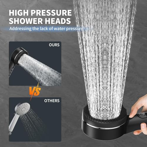 Jet Black High Pressure Shower Head with Handheld Filtered 4 Spray Modes & Pause Switch