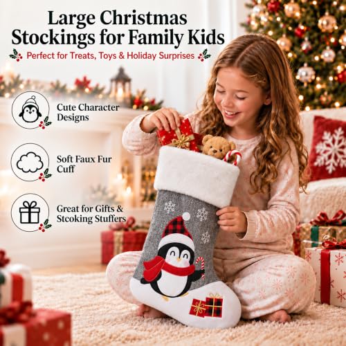 Gray Christmas Stockings Set of 5 - 20 Inch Burlap with Faux Fur Cuff