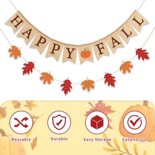 Fall Burlap Banner and Glitter Leaves Garland - Autumn Party Decor