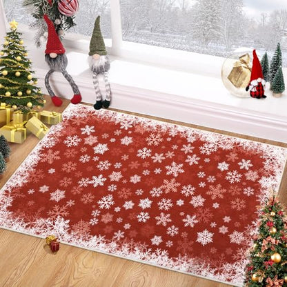 Christmas Snowflake Rug 2x3 Entryway Rug - Red Snow Pattern, Non-Slip Backing
