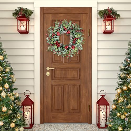 Artificial Christmas Wreath 22 Inch with Red Berries Pine Cones and Eucalyptus - Green