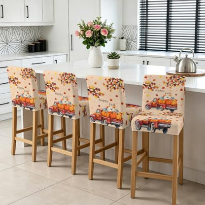 Fall Bar Stool Covers Set of 2 - Harvest Pumpkin Truck & Maple Leaves - Red Orange