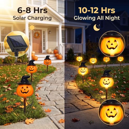 Outdoor Halloween Pumpkin Stake Lights - Solar Jack O Lantern Decor, Waterproof, 6-Pack