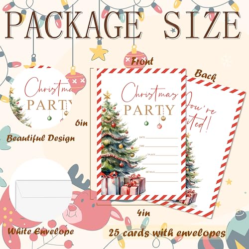 Christmas Party Invitations Set with Envelopes - 25 Holiday Greeting Cards