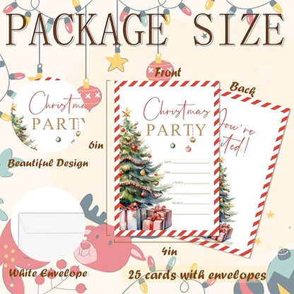 Christmas Party Invitations Set with Envelopes - 25 Holiday Greeting Cards