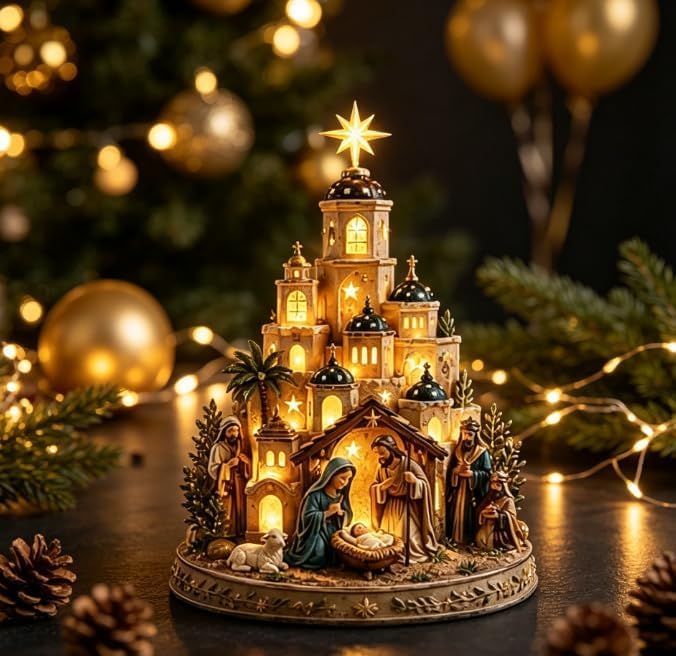 White Bethlehem Nativity Church Light Tower with Holy Family Tabletop Decor