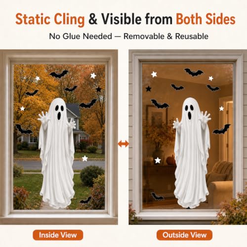 Halloween Ghost Window Clings - Large Mirror Decals with Bats - Holiday Variation
