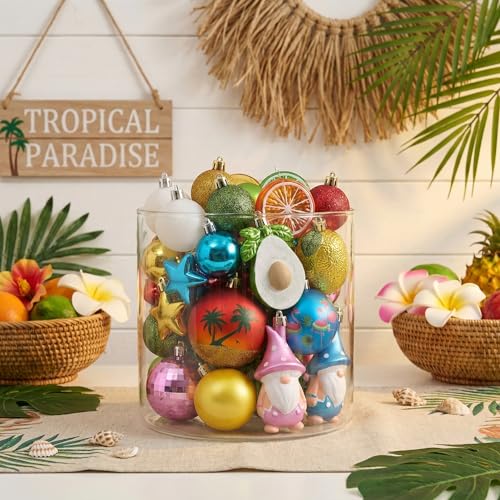 Valery Madelyn 50ct Summer Tree Ornaments Set for Christmas in July Decorations - Tropical Fruit & Animal Designs