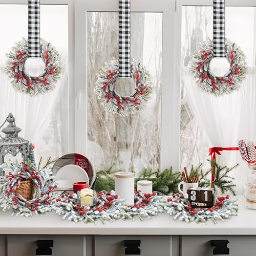 Mini Christmas Wreaths Set with Adjustable Ribbon - White & Black Plaid, 12 Pcs