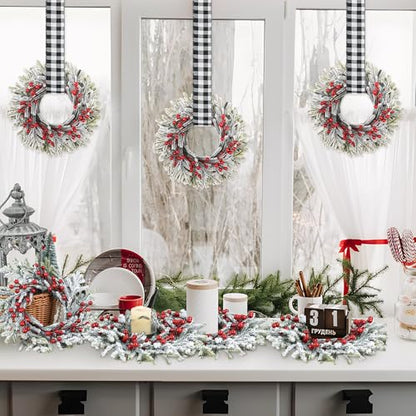 Mini Christmas Wreaths Set with Adjustable Ribbon - White & Black Plaid, 12 Pcs