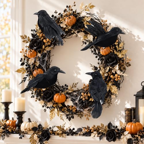 4 Pcs Realistic Black Crow Halloween Decor Clip-On Fake Feathered Props