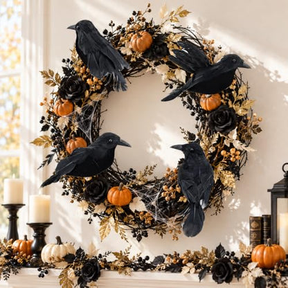 4 Pcs Realistic Black Crow Halloween Decor Clip-On Fake Feathered Props