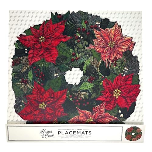 Disposable Christmas Poinsettia Paper Placemats for Dining Table - US Made, 12 Sheets