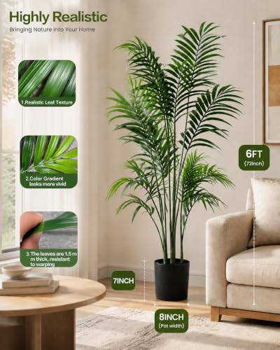 6FT Tall Artificial Palm Tree - Realistic Indoor & Outdoor Fake Plant