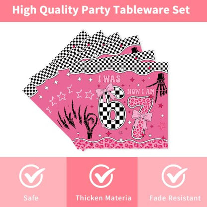 Pink Checkerboard 6-7 Birthday Party Tableware Set - Pink Bow 6-7