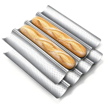 French Baguette Bread Pan Set - Nonstick 2-Pack with 8 Slots, Silver