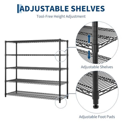 Garvee 70.87" Metal Shelving with Wheels, 5-Tier Wire Storage Rack, Heavy Duty