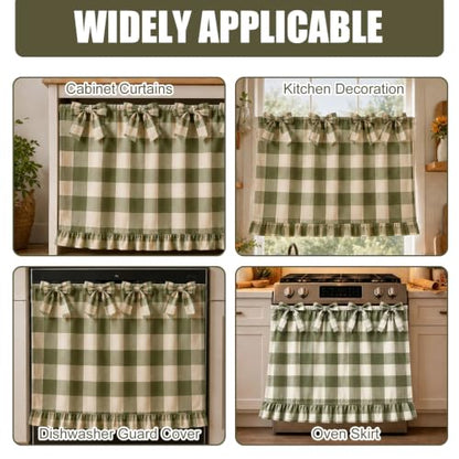 Farmhouse Sage Green Oven Skirt Curtain with Tied Bows - Coarse Check Pattern