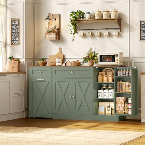 Green Kitchen Buffet Cabinet with Storage & Rolling Cart - 59 Inch