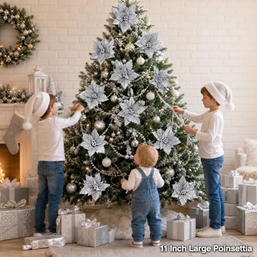 Artificial Poinsettia Flower for Christmas Tree Decoration - Silver, 11 Inch