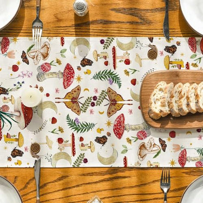 Beige Modern Mushroom Table Runner 13x72 Inch Seasonal Farmhouse Kitchen Decor