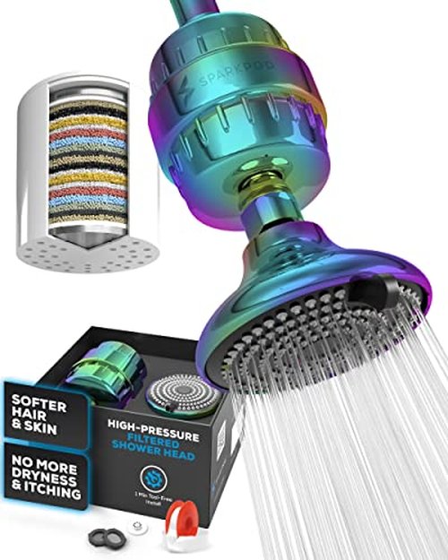 SparkPod 23-Stage Filtered Shower Head with 3 Spray Settings - High Pressure Shower Head with Filters for Dry Hair and Skin - Showerhead with Filter Reduces Chlorine & Heavy Metals (Polished Chrome)