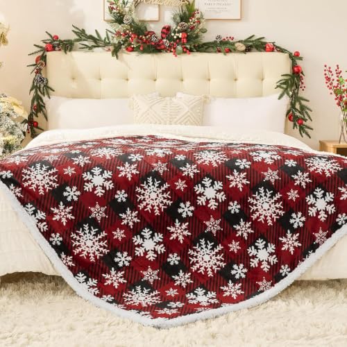 Twin Size Christmas Sherpa Blanket - Soft Flannel Fleece with Holiday Snowflake Design