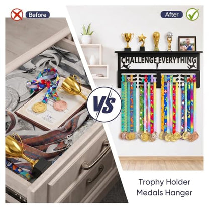 Black Medal Hanger Display & Trophy Shelf, 16 Inch, 4 Rows, Holds 60+ Medals
