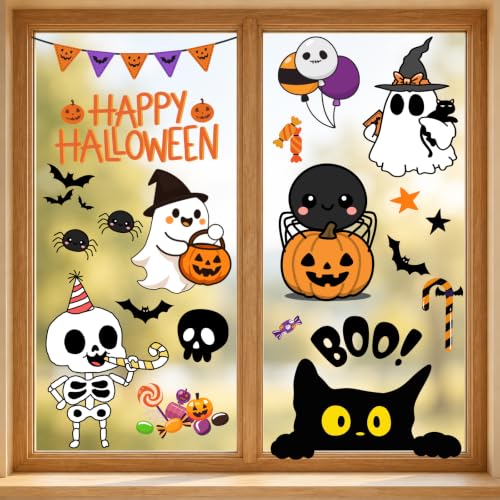 Halloween Window Stickers Set - Ghost Pumpkins Bats for Glass Doors & Windows